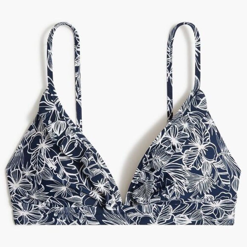 J Crew Women's Floral French Bikini Top with Ruffles Blue XXL